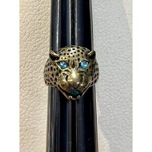 Vintage Bronze Leopard Ring W/ Green Stone Green Eyes Cat Lovers Sz 8.25